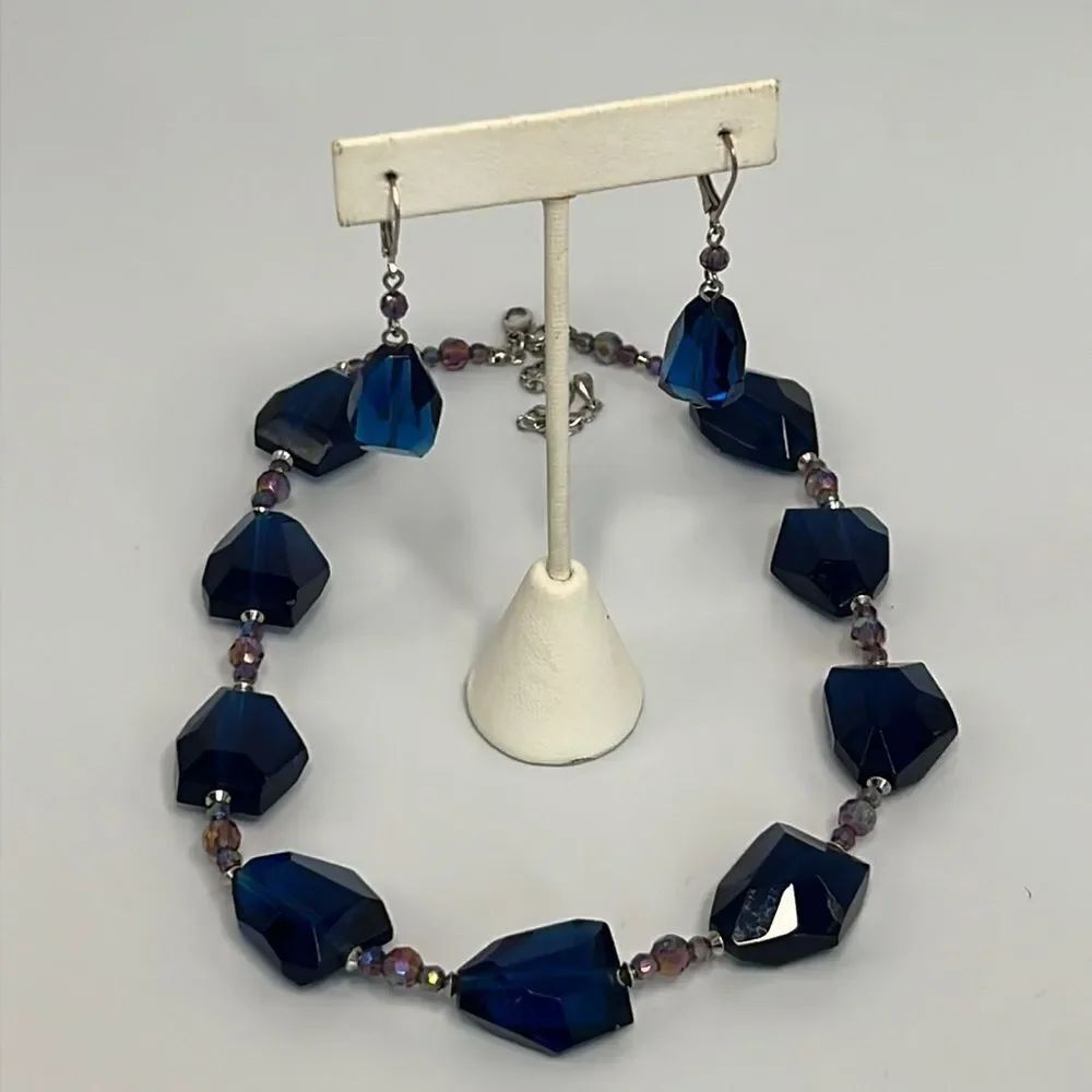 *Blue large glass with purple, iridescent bead, necklace, and earrings set